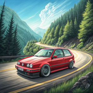 Modified Volkswagen Golf MK3 on a winding mountain road. The car is painted in a shiny red color with aerodynamic additions. The background showcases dense, green forest and a clear blue sky.