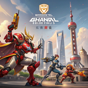 Stylized digital artwork showcasing the Overwatch League Grand Finals in Shanghai. The Shanghai Dragons team takes center stage, with characters depicted in dynamic action poses. The scene features vibrant colors and metallic tones, highlighting the high-stakes atmosphere.