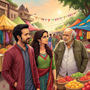 Emraan Hashmi, Sonal Chauhan, Kunal Deshmukh, and Mahesh Bhatt at a bustling outdoor market. Colorful market stalls in the background.