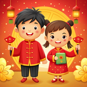 Vector Illustration of Chinese Kids with Happy Chinese New Year sign