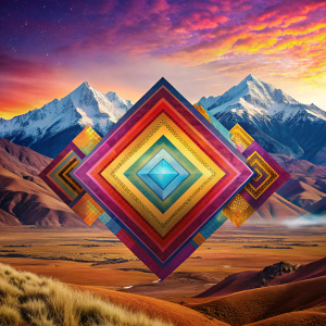 FLYER DIGITAL, SOBRE PAISAJE DE BOLIVIA, CON MOTIVOS FOLKLORICOS NATIVOS DE BOLIVIA, compuestos de TEJIDOS DE TELAR CON MOTIVOS AYMARA, utilizar colores amarillo, naranja, rojo, violeta, azul, verde, blanco wiphala sobre los cerros y montañas 