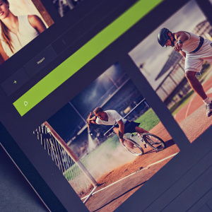 A vibrant and sleek website design for sports enthusiasts. Filled with dynamic images of athletes in action. Dark background with accents of neon green. Modern grid layout.