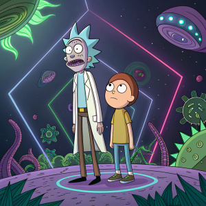 Rick Sanchez and Morty Smith in a hyper-realistic, animated universe. Abstract geometric shapes and fluorescent colors fill the background. They stand on a platform floating in space, surrounded by bizarre alien creatures.