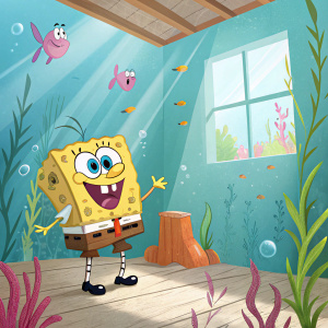 Plank, SpongeBob SquarePants' wooden plank friend, stands in a brightly lit, colorful underwater room. The room is decorated with tropical fish and seaweed. It's a cheerful scene with bright sunlight shining through a large window.