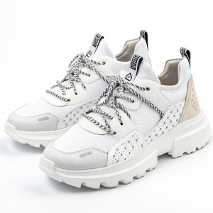 white custom shoes hybrid: BALENCIAGA STRIKE LACE + NIKE YZ 365, side view, white background