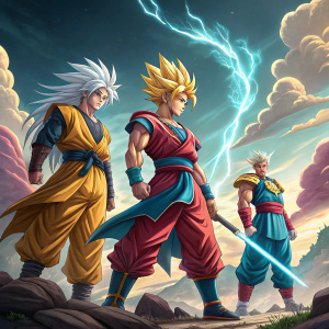 Illustration of Gen, Fujin, and Raijin. Stylized anime style, vibrant colors. Ready for action scene.