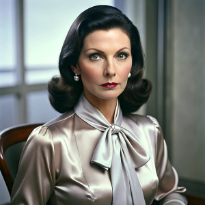 stern looking 50 yo long black haired attractive CEO in boardroom. very narrow waist and massive pushed up bosom wearing shiny satin bow blouse with puff sleeves. slim tall neck and high cheekbones. Dark red lipstick. side view