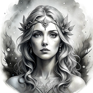 Saga, The Seer - Nordic Goddess of Sagas & Myths perfect realistic art, high-definition grey and black, white background tattoo design