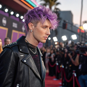 Machine Gun Kelly, with vibrant purple hair and a black leather jacket, making a statement at the annual Hollywood Music In Media Awards. The background showcases a bustling crowd and flashing cameras.