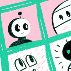 A detailed, hand-drawn comic strip featuring Manny the Robot. Each panel showcases different dynamic poses and facial expressions. Created with rough sketch lines and subtle grayscale shading to add depth.