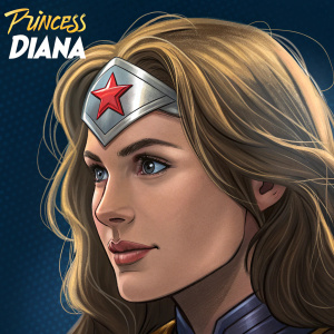 Illustration of Princess Diana from the DC Comics universe, detailed focus on her face and star emblem on metallic headpiece. Dark blue background with stylized comic book logo