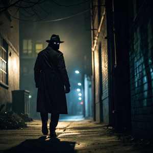 A mysterious figure from 'Watchmen' series, intense gaze, dark alleyway at night.