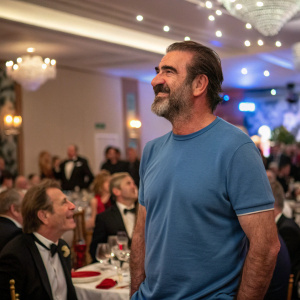 Eric Cantona, in a casual blue t-shirt, at a charity gala. Crowded room, festive atmosphere.