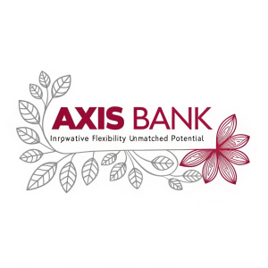 Modern logo for Axis Bank featuring stylized floral design. Bold font for 'Axis Bank' centrally placed. Smaller text 'Innovative Flexibility Unmatched Potential' on the right. Red and muted grey color palette. Clean and contemporary aesthetic.
