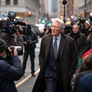 Richard Gere, playing a lawyer, walks through a bustling city street surrounded by flashing camera lights and microphones. Crowds of reporters swarm around him.
