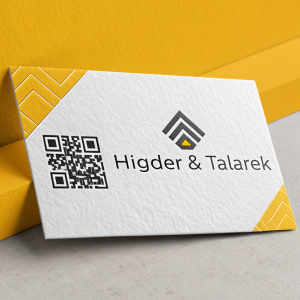 Business card for Higder & Talarek. Set against a vibrant yellow backdrop. Card is predominantly white with black text. Features QR code, contact info, and company logo. Modern and sleek design.