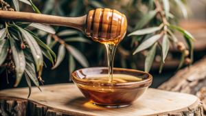 Close-up shot  bamboo spoon dripping honey, jarrah tree