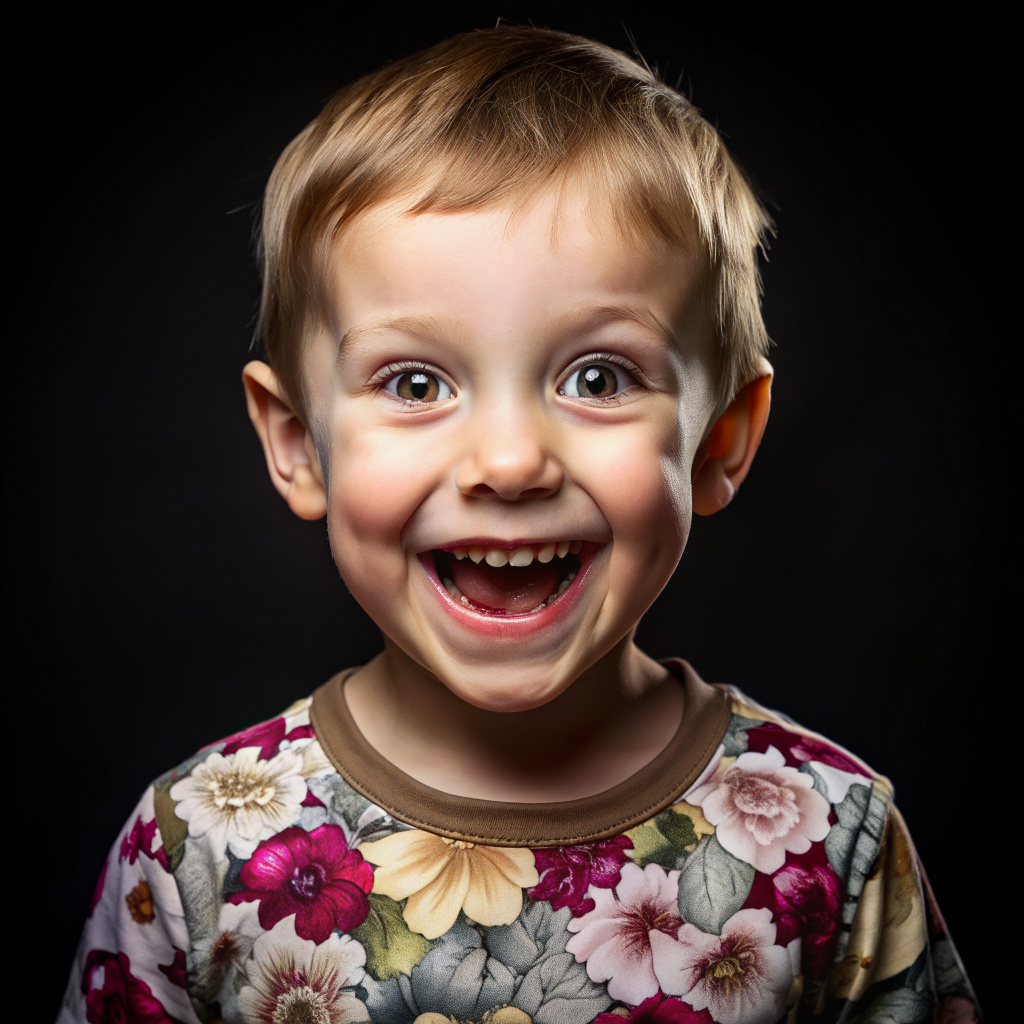 A child with a wrinkled face, short hair, wide eyes, smile showing teeth, wearing a flowered T-shirt.. black background