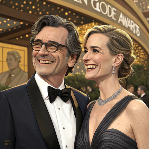 Griffin Dunne and Anna Bingemann at the Golden Globe Awards. Both smiling widely, dressed in formal attire.