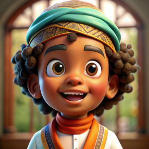 "Draw me the Nubian child Bakkar, the owner of the Ramadan cartoon Bakkar, with dark skin, dark brown hair, round honey-colored eyes, and a smiling face. He is wearing a colorful Nubian headscarf in the middle of his hair, with two locks of hair on his forehead, and a robe and a colorful vest. He is speaking and raising his hand."