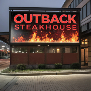 Digital billboard for Outback Steakhouse. Fiery animation under the bold red text "Outback Steakhouse". Dark background