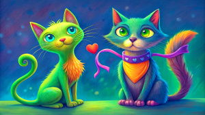 A cartoonish skinny hairy feral cat and dog, looking each other, funny faces, with big round eyes, black ears and light brown fur.
they wears a red and blue scarf with white polka dots tied around his neck.
Their eyes are very expressive, giving a friendly and curious feeling.
The visible texture suggests that the work is painted on old and damage wood background.
It is a very colorful and cheerful artistic painting