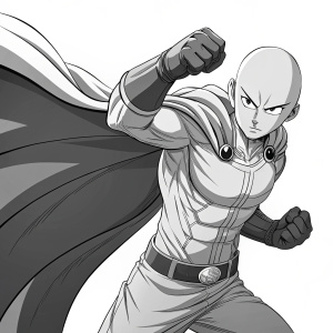 Black and white illustration of Saitama from One Punch Man. Bald hero in a dynamic pose. Muscular build, determined expression. Plain white background. Focus on character's strength and resolve.