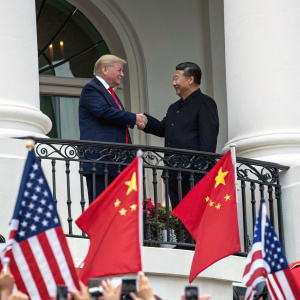 Donald Trump and Xi Jinping shaking hands on a balcony. Behind them, flags of both nations. Crowds below, cheering.