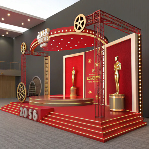 3D render for Hiru Golden Film Awards 2016. Modern design, bold red color scheme, gold accents. Golden statue centerpiece on stage-like structure. Sleek, contemporary style.