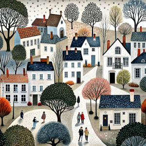 City houses and trees, people walk along the street seamless pattern in the style of Chagall