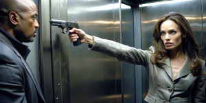 Angelina Jolie with gun pointed at a man's face inside the elevator wearing a gray tactical jacket without the graphic errors with lots of reality and shadows and 4K lighting 