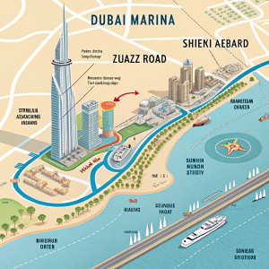 Interactive map of Dubai Marina, showcasing Sheikh Zayed Road and major landmarks. Detailed layout and road network.