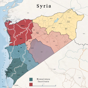 Map detailing the complex territorial control dynamics in Syria. Various factions including government forces, rebels, Kurdish groups, and Turkish influence zones highlighted. Source: Newlines Institute.