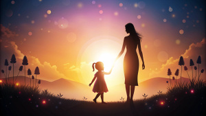 Happy mothers day silhouette mother holding child hand
