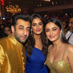Salman Khan in a golden outfit, Katrina Kaif in a blue dress, Ranbir Kapoor with short hair, Ileana D'Cruz looking strong, Soha Ali Khan smiling brightly. Crowded New Year celebration with many Bollywood celebrities.