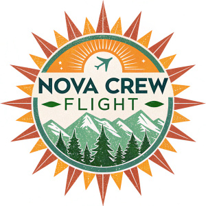 Creative logo for Nova Crew Flight. Sunburst design featuring a vibrant array of colors including shades of orange, green, and various hues.