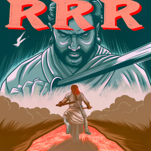 Dark and intense movie poster for 'RRR'. Warrior figure in foreground. Background teems with action. Shadowy visuals dominate. Prominent banner text. Miniature character mid-ground. Cinematic poster design.