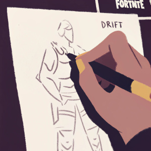 An artist creating a detailed sketch of Drift from Fortnite. White paper with black ink, close-up view, focused on the step-by-step drawing process. The background features the Fortnite logo.