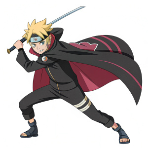 Illustration of Boruto Uzumaki from Naruto series, dynamic pose, determined look. Dark outfit with cape, unique hair. Sword with distinct design. Digital art, flat style, dark colors with vibrant details. Minimal background.