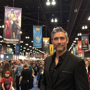 Mathew Fox, dressed in a black suit, standing in front of a crowded sci-fi convention with Star Trek banners and posters.