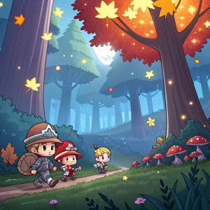 A promotional poster for Maplestory featuring vibrant colors and animated characters. The backdrop is a fantasy landscape with towering trees and glowing maple leaves.