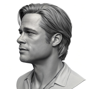 High-resolution 3D render of Brad Pitt's bust, created from 'Once Upon A Time In Hollywood'. Detailed close-up, focusing on the subtle contours of the face, including the jawline and hairline. Grayscale color scheme, set against a plain white background.