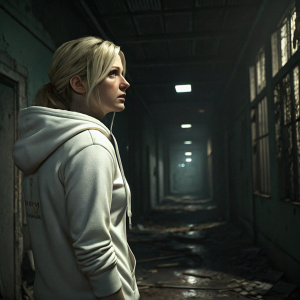 Lana, a protagonist from 'The Evil Within 2', blonde hair, white hoodie. Digital illustration. Standing in an abandoned, dimly lit corridor filled with eerie shadows and debris.