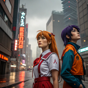 Characters from Neon Genesis Evangelion. Asuka with vibrant orange hair, Misato with dark purple hair, against a cyberpunk cityscape background