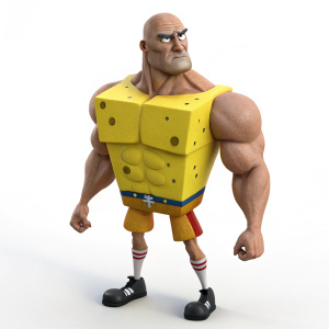 A 3D rendering of a muscular SpongeBob SquarePants parody character. Bald head, broad chest, set against a plain white background.