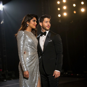Priyanka Chopra and Nick Jonas at the Grammy Awards. Both in formal attire, Priyanka in a silver sequined dress, Nick in a black tuxedo. Dark stage with spotlights.