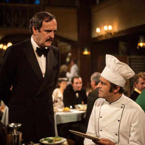 John Cleese in a black tuxedo and Steve Plytas in a chef's uniform amidst the chaos of 'Fawlty Towers', Gourmet Night episode, set in a bustling, dimly lit restaurant.