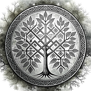 Nordic yggdrasil trees pattern vegvisir symbol –  high-definition design grey and black, realistic tattoo design, white background