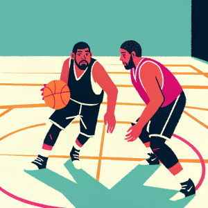 Kyrie Irving and Bruce Brown of the Brooklyn Nets during a practice session. Empty court with the team's logo visible
