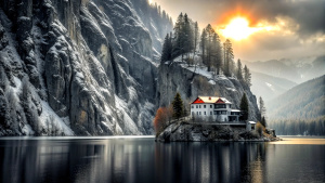 you see a small old hotel that stands directly on the shore of a lake. behind the house is a wintry forest. high rock faces rise above the forest. the color is said to be in shades of black, gray and dark red. Above the cliff face, the setting sun can be seen, its rays gently shining into the scene